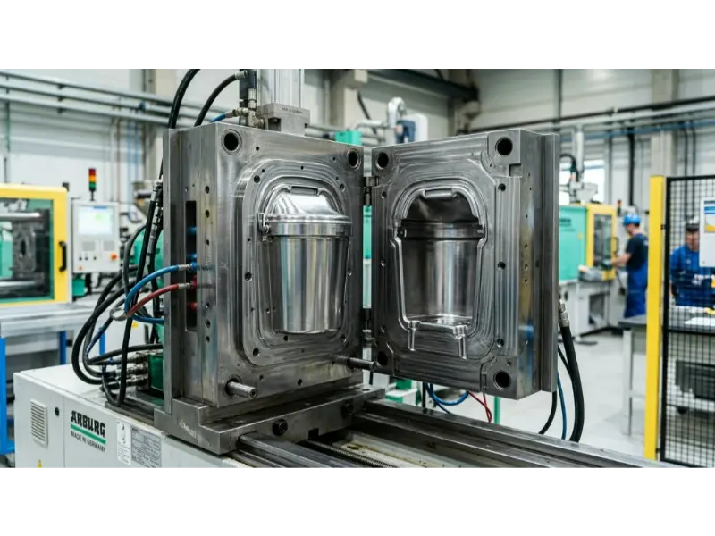A high-tech industrial plastic pail mold made of polished steel, showing intricate core and cavity details, situated in a modern European manufacturing plant environment.
